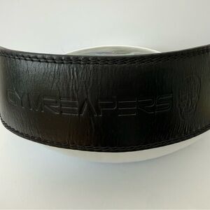 Gymreapers Leather Weightlifting Belt 4″ Wide Dual-Prong Skull Logo Large 39.5”